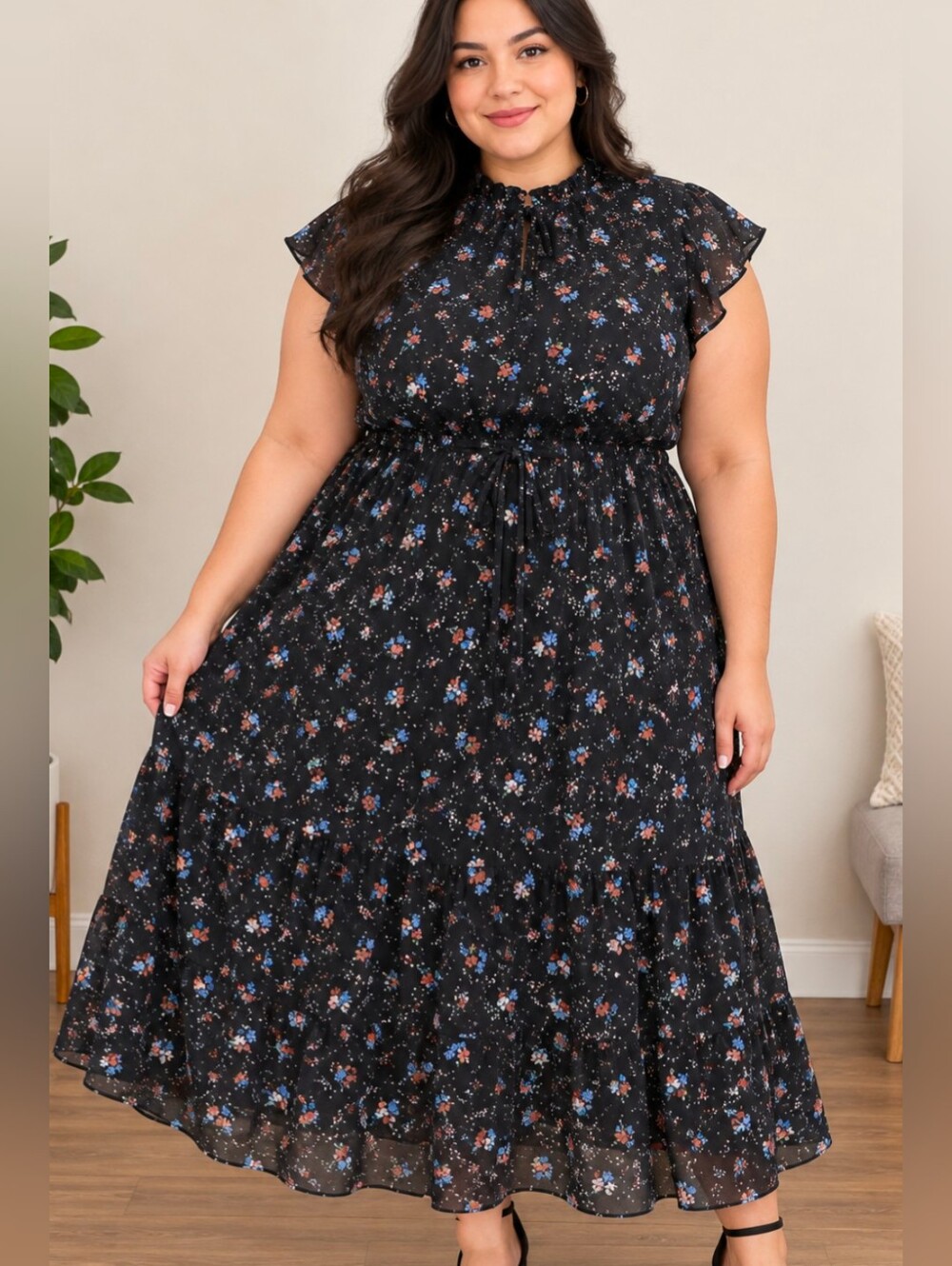 1. State Black Maxi Dress with Blue and Pink Floral Print